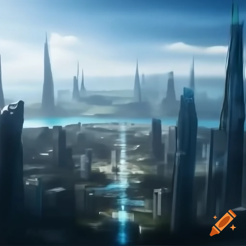 Futuristic cityscape near the ocean
