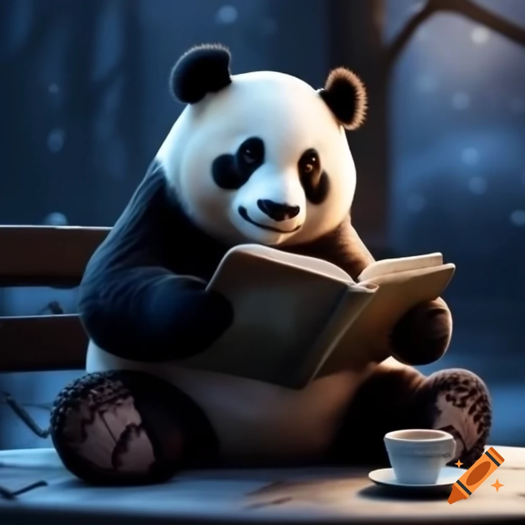 Panda reading a book with coffee on winter evening