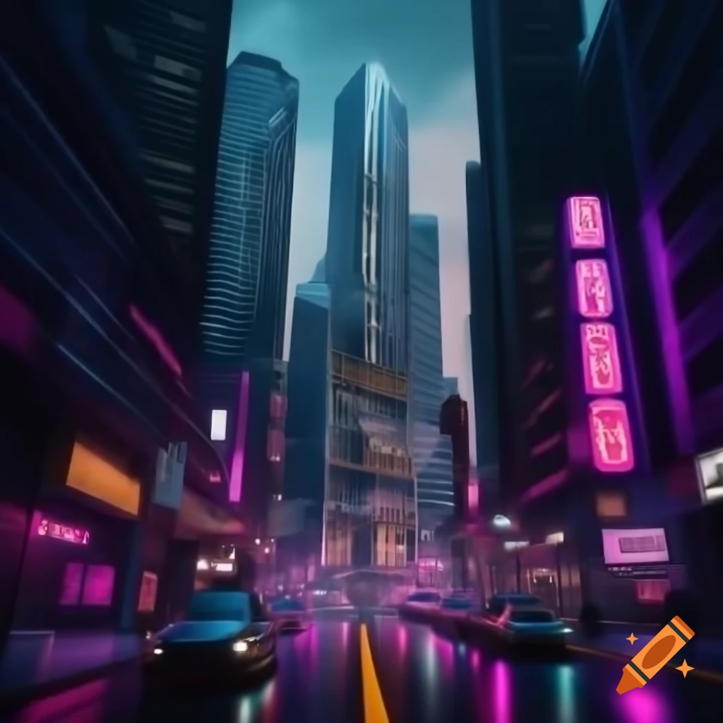 Neon-lit street with towering skyscrapers, modern urban scene