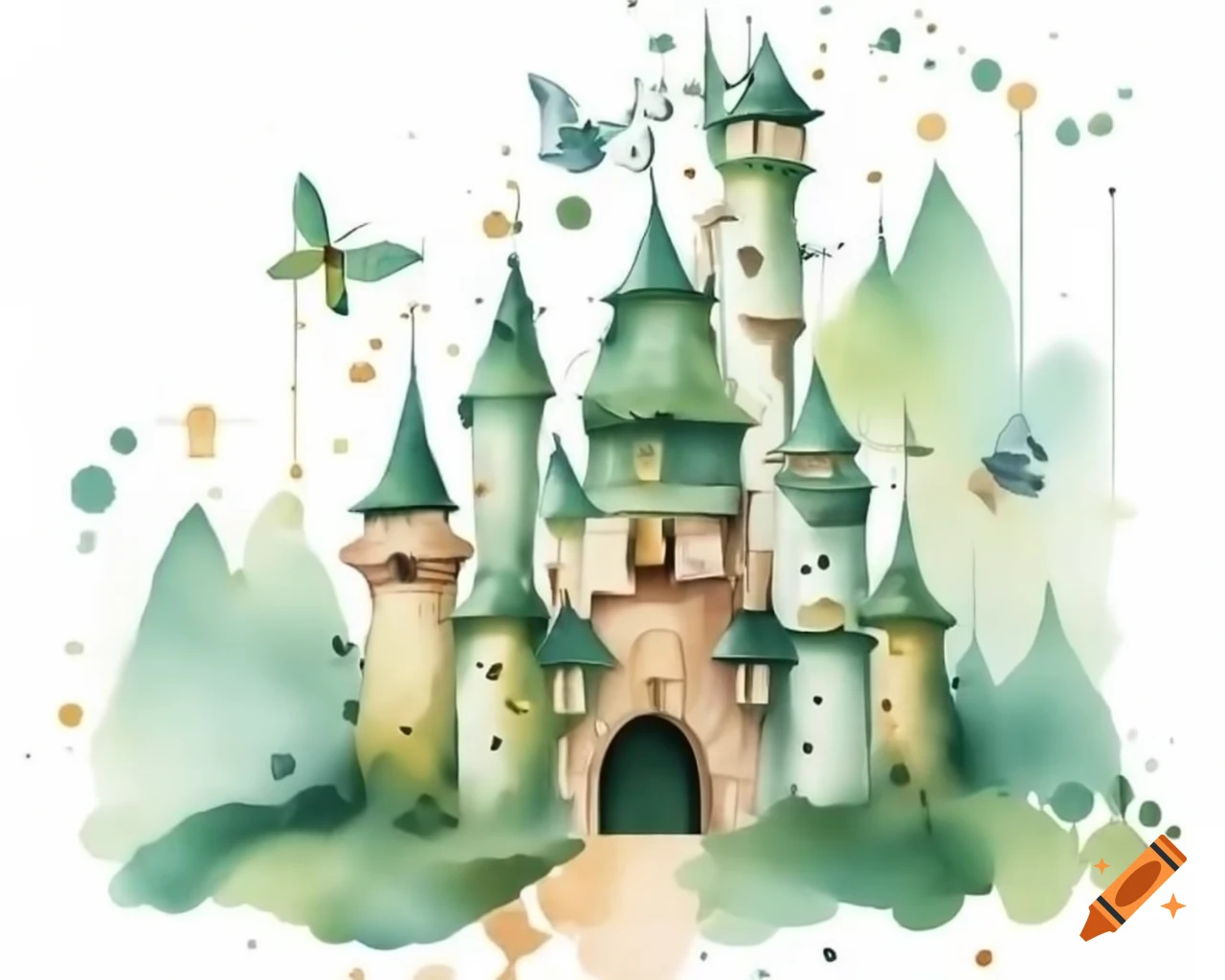 Fairy castle in green, brown, and gold in storybook style