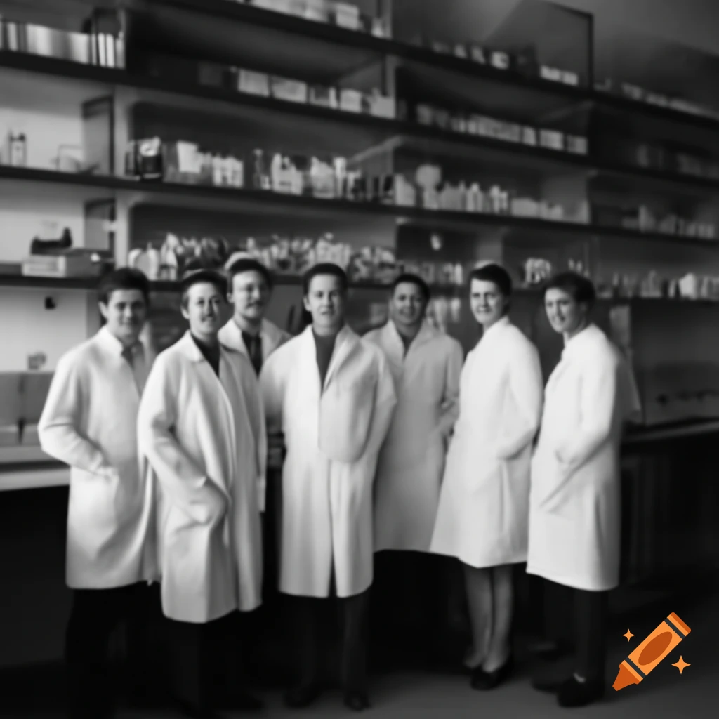 Group of scientists in white coats posing for souvenir photo in laboratory