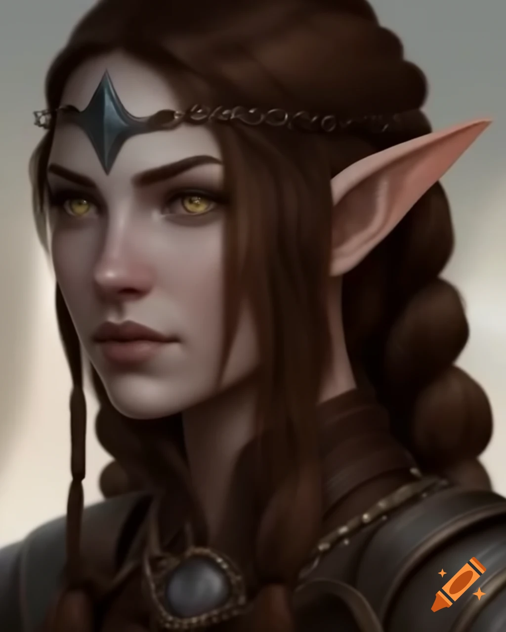 Half-elven female bowman in leather and chains armor with brown hair and eyes