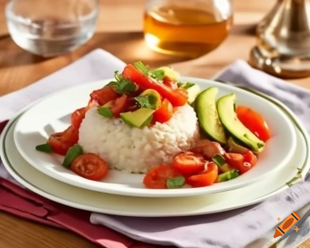 Plate of rice with fried tomato and avocado salad, seasoned onion steak, food photography