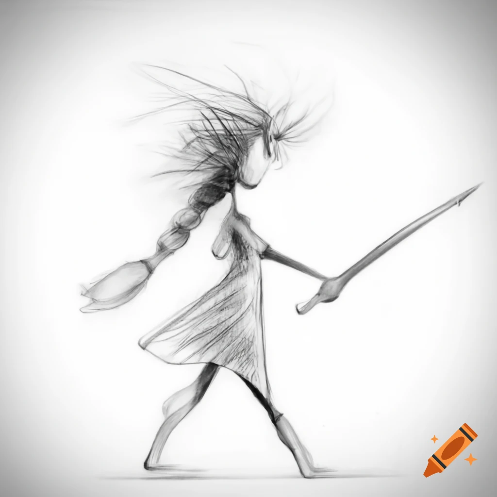 2d faceless girl made of scribbles holding sword walking right on craiyon