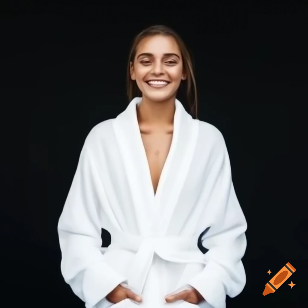 Smiling young woman in white robe facing the camera