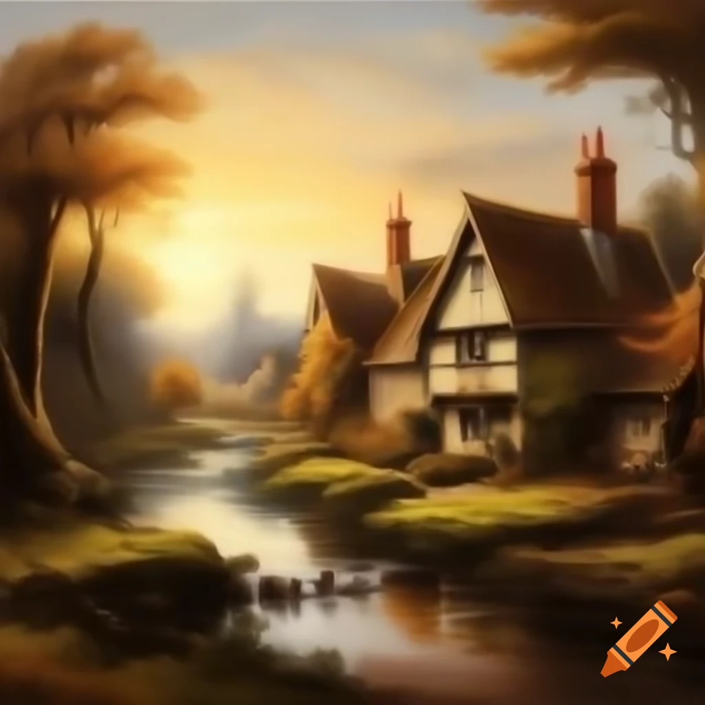 17th century style oil painting of English woodland village by river at sunset