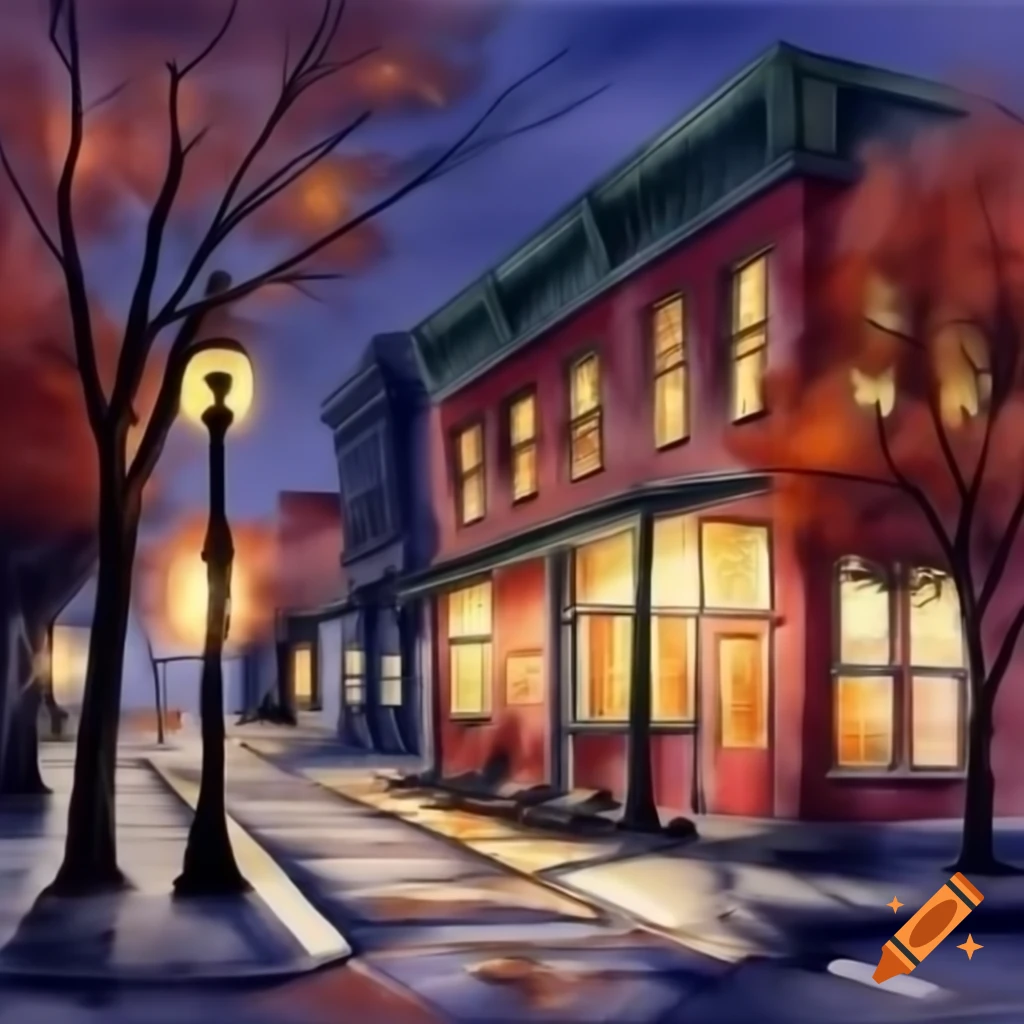 Cozy small town downtown at night in autumn, watercolor with reds, yellows, and purples