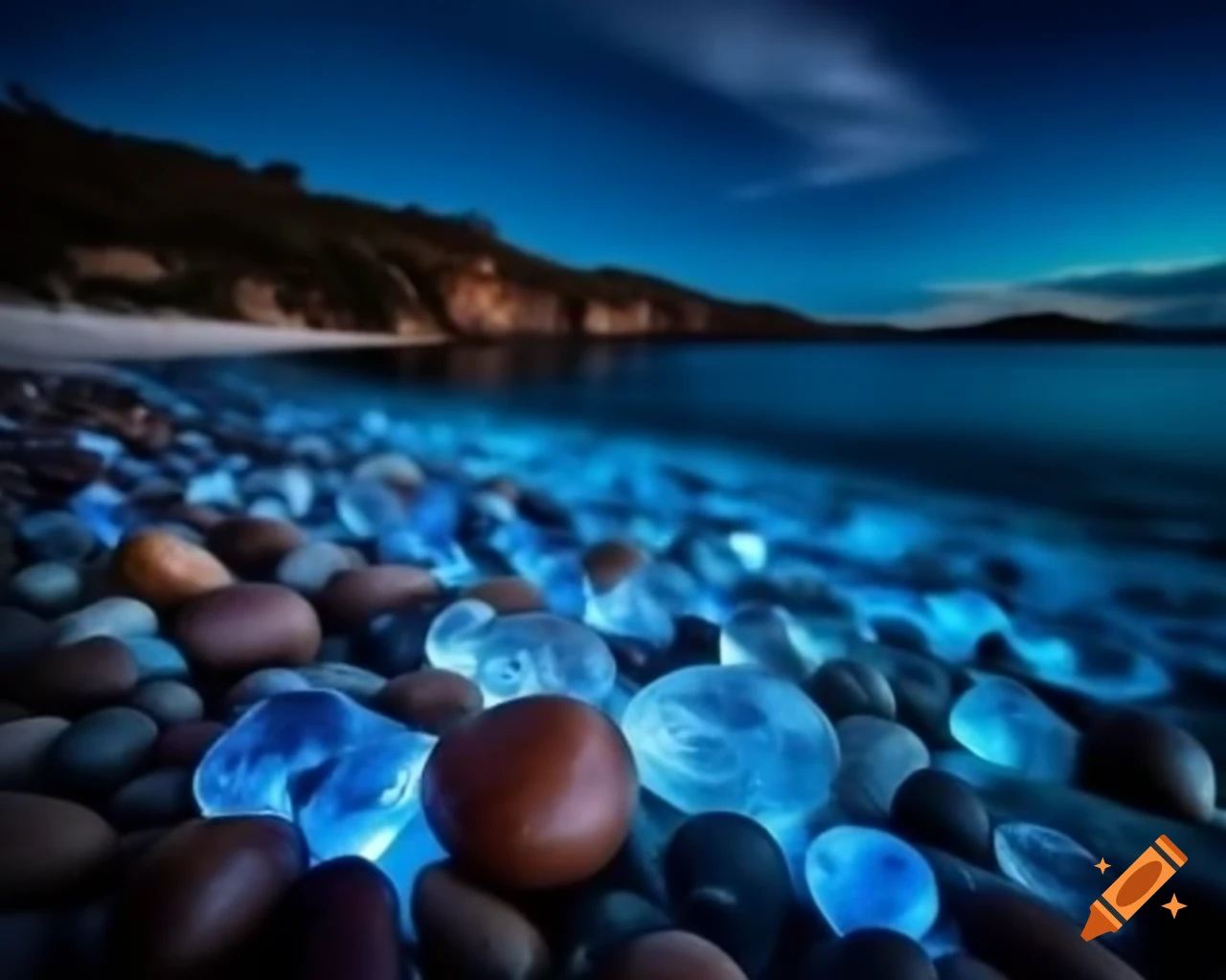 Crystal clear beach in Australia at night with luminous stones and water reflections