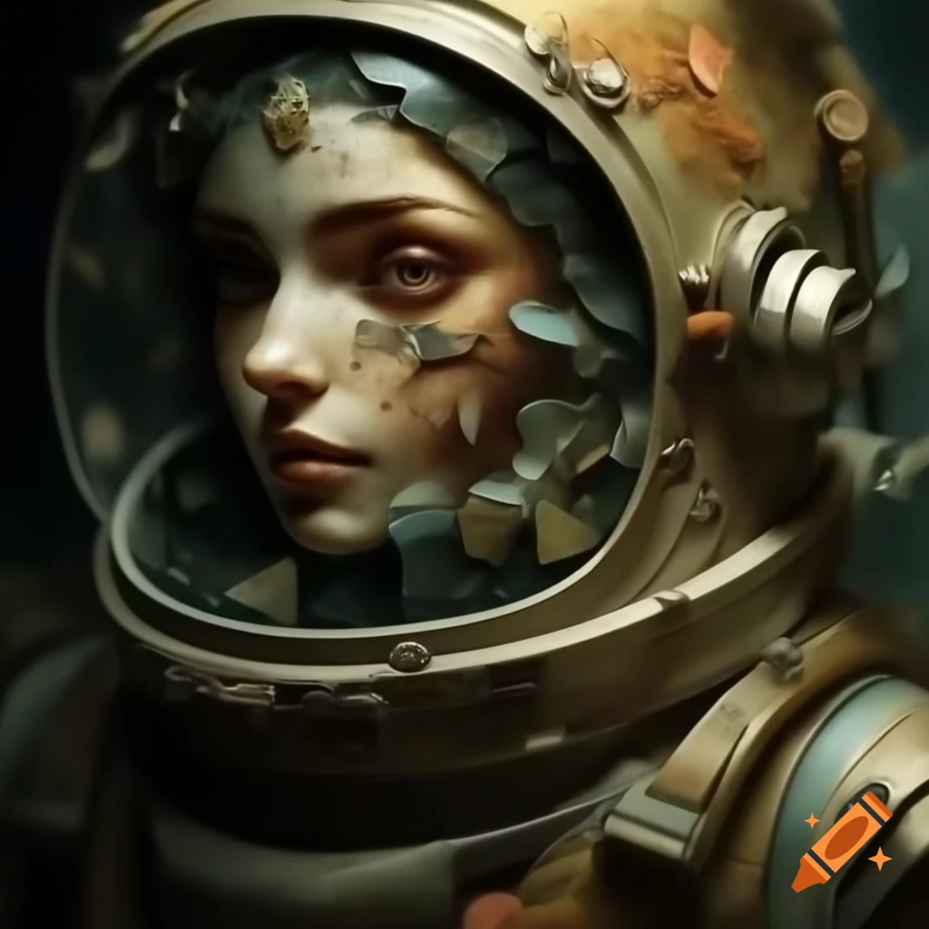 Art nouveau astronaut with broken helmet on desolate glacier, floral details in jewel tones