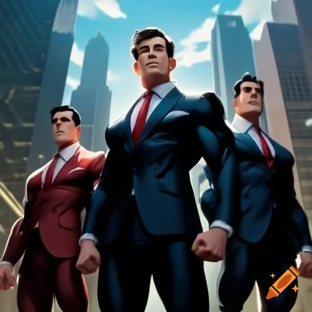 Superheroes in suits posing in front of tall buildings, comic book theme