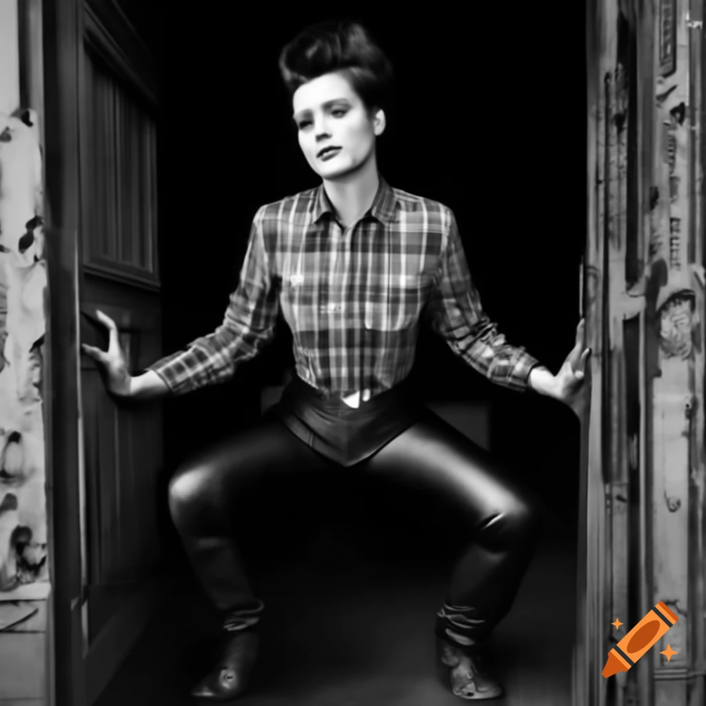 Punk rocker with mohawk hairstyle in plaid shirt and leather trousers peeking through