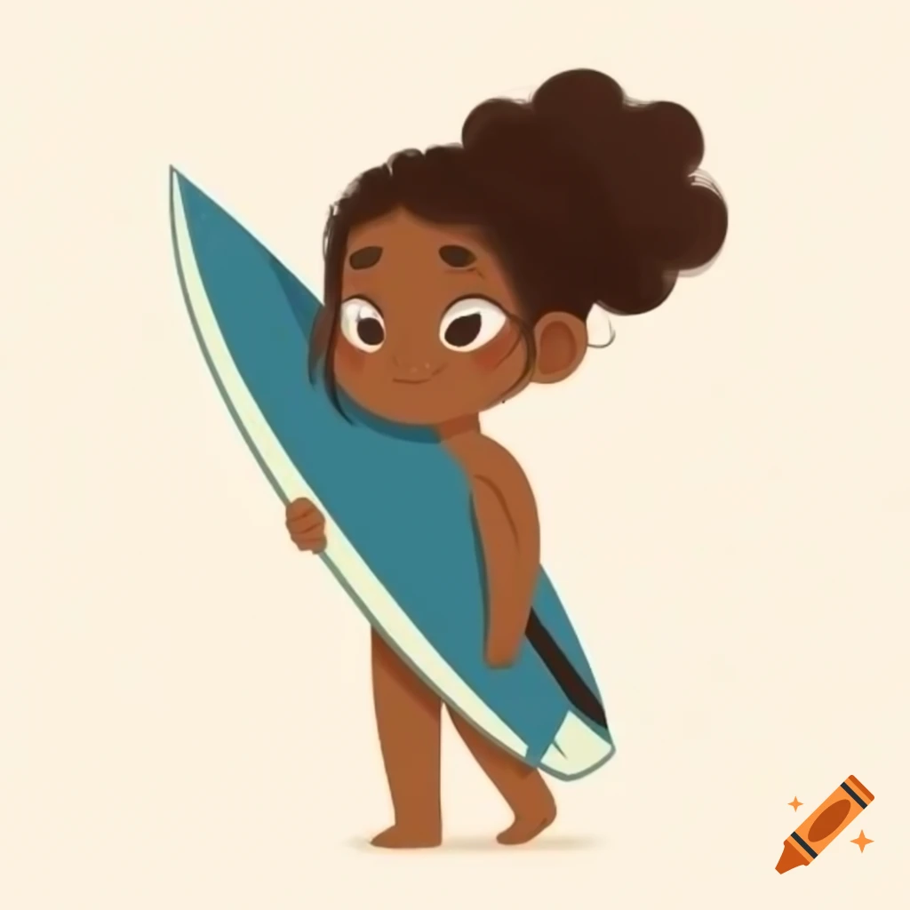 Curly girl holding surfboard clipart