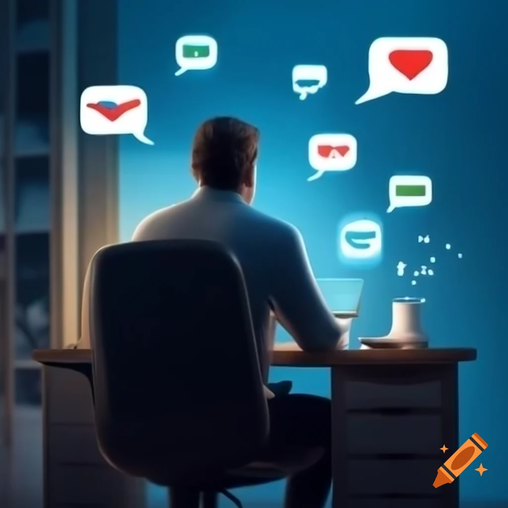 Relaxed businessman at desk surrounded by message bubbles