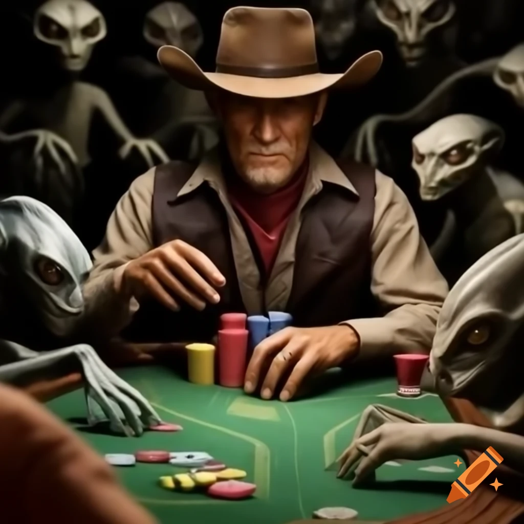 Cowboy playing poker with aliens in a unique setting