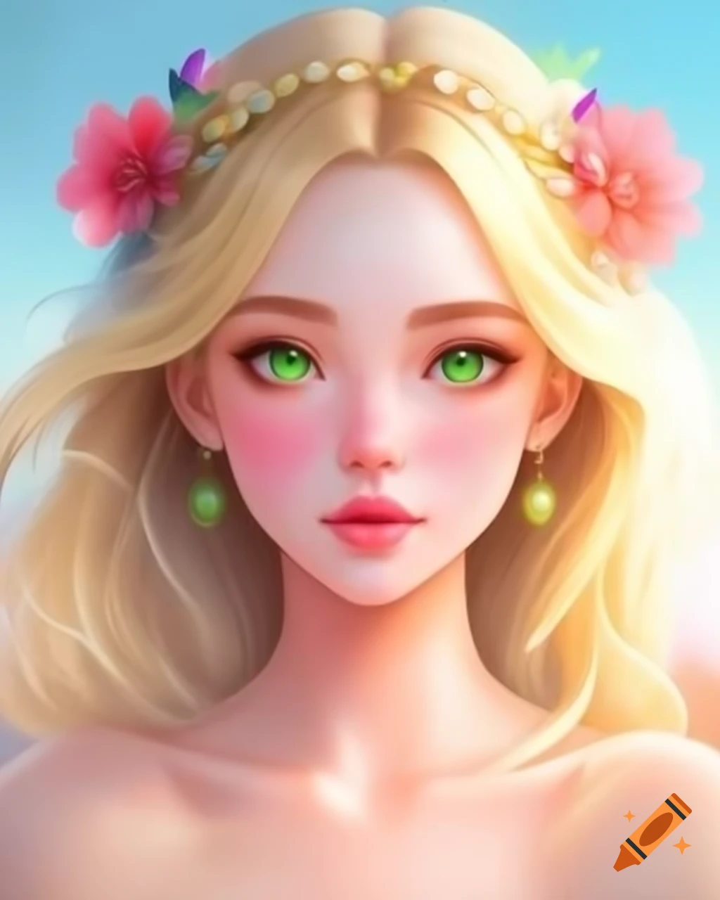 Anime-style portrait of woman with flower crown and serene expression