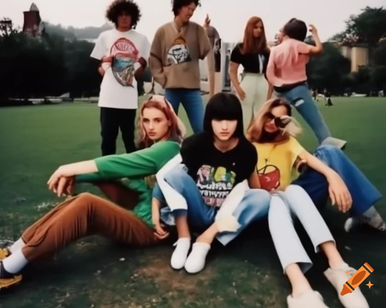 1990s group in urban park wearing casual clothes and relaxed atmosphere
