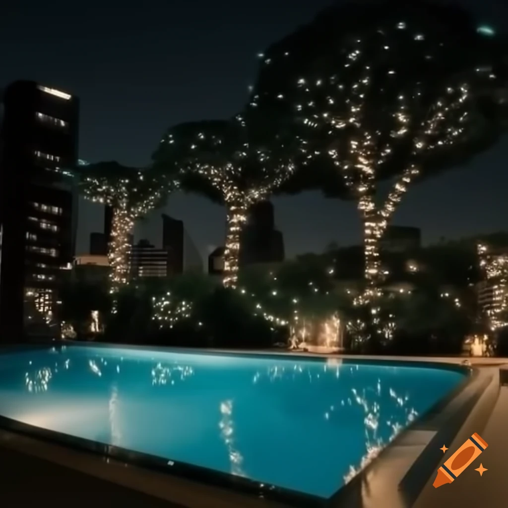 Rooftop pool in a city illuminated by dark lights and surrounded by trees