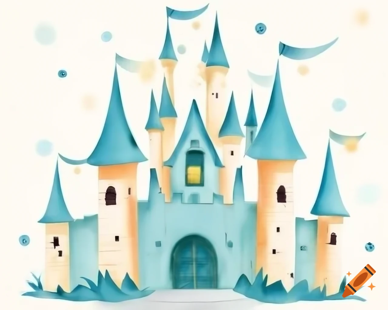 Watercolor fairy castle in aqua, white, and gold storybook style