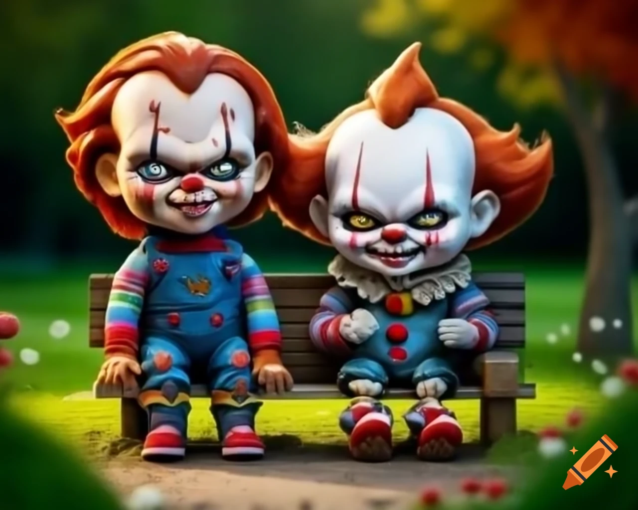 Kawaii 3D animated bobbleheads of Chucky and Pennywise sitting on a park bench