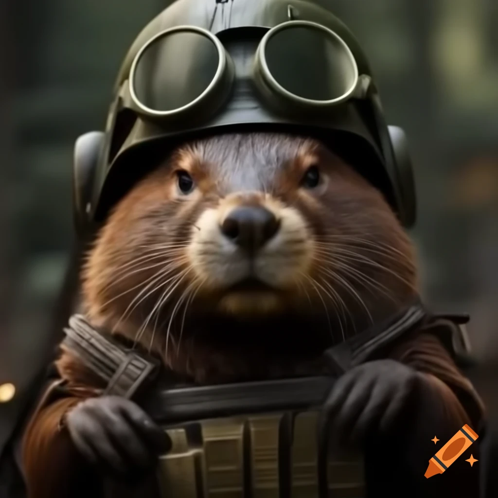 Beaver wearing army helmet and holding explosives