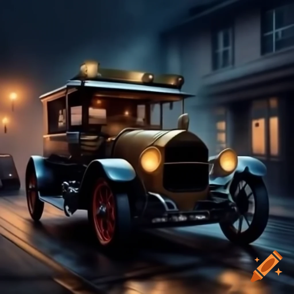 Steampunk Victorian era car illuminated by street lights at night