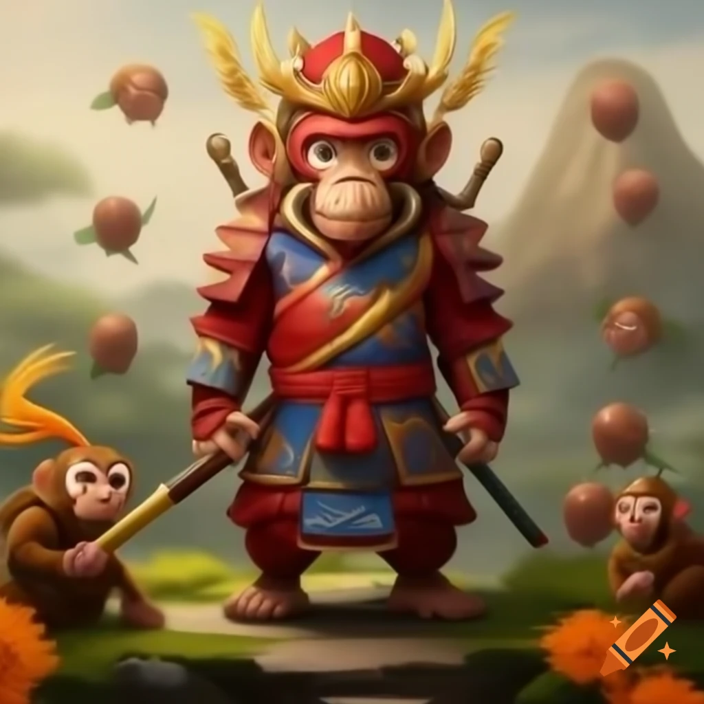 Sun Wukong, the Monkey King in armor with a feather cap and Ruyi Jingu Bang
