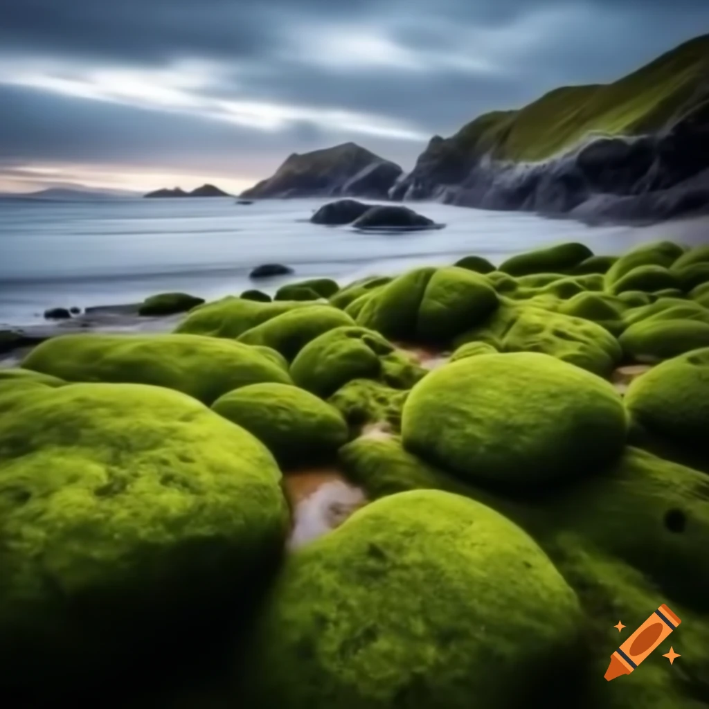 Rocks and sea moss on a serene beach landscape