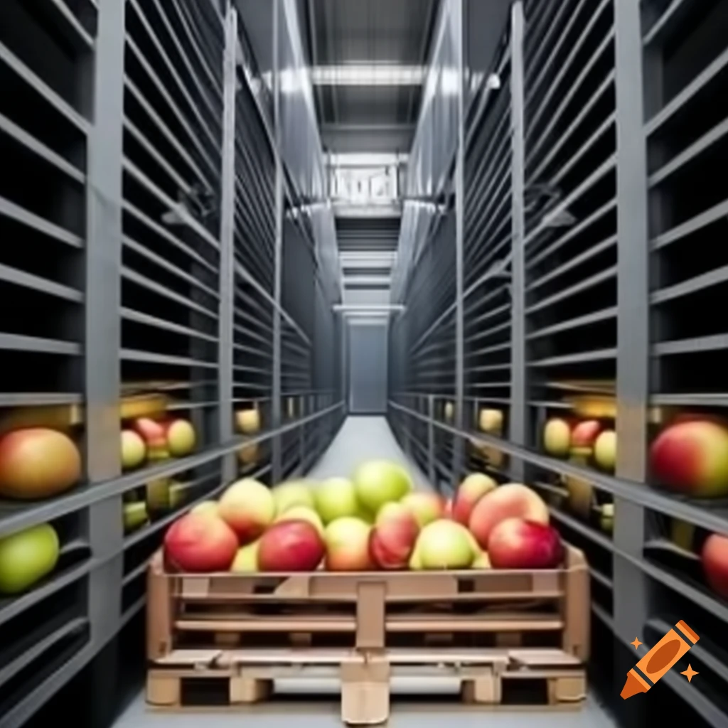 Cooling room with pallets of apples and steel construction