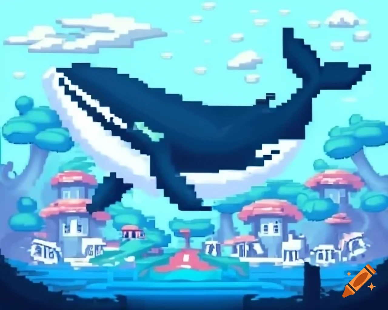 Pixel art of whale swimming among skulls and mushroom houses