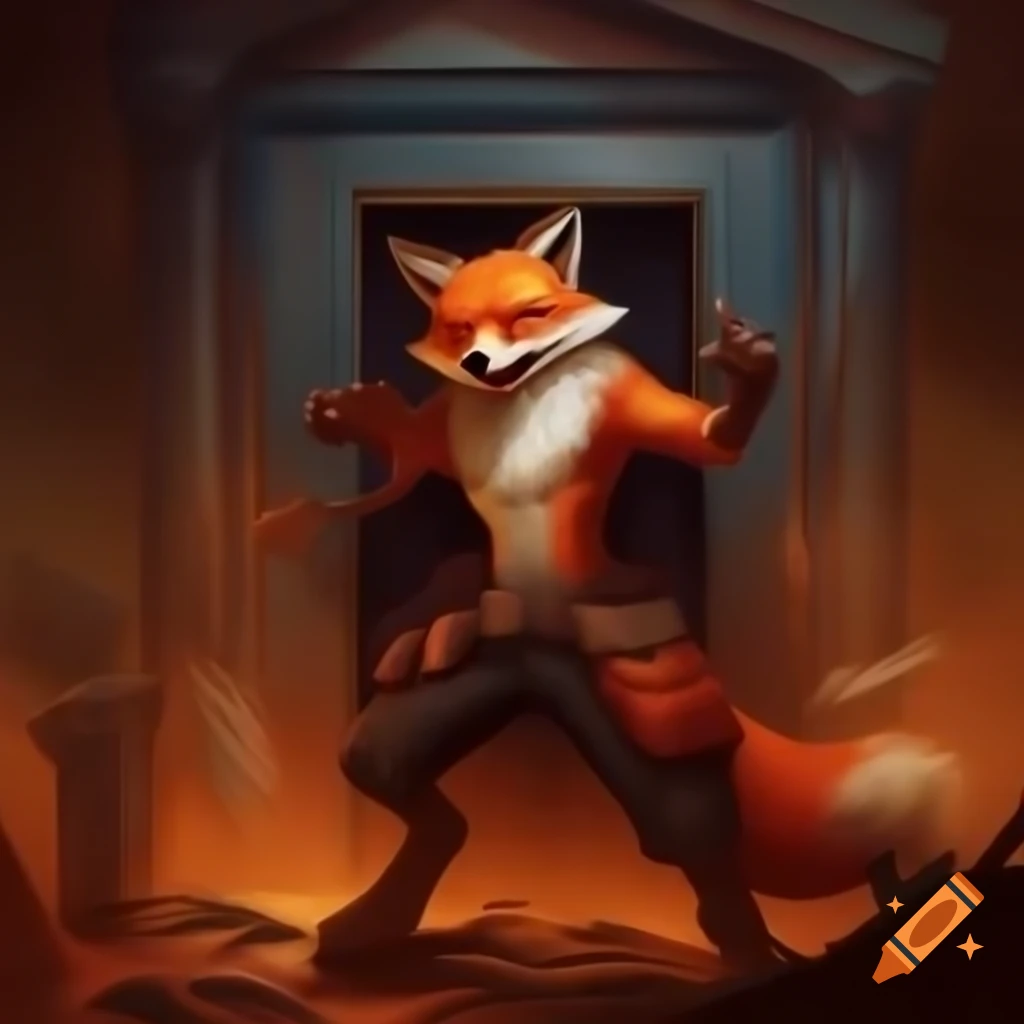 Energetic anthro fox in symbolic door in wasteland, dramatic gouache painting