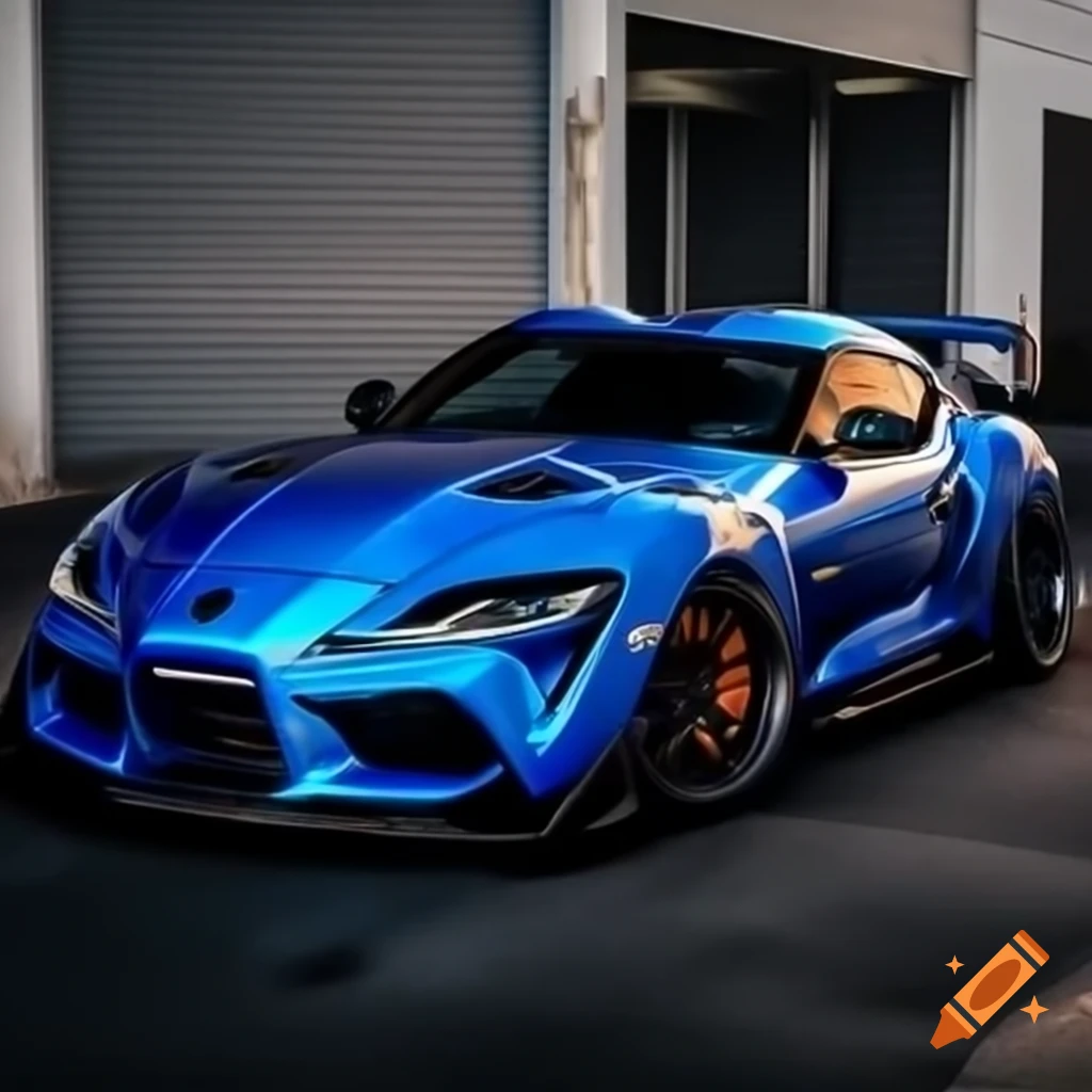 Metallic blue Supra with orange stripes and detailed body lines