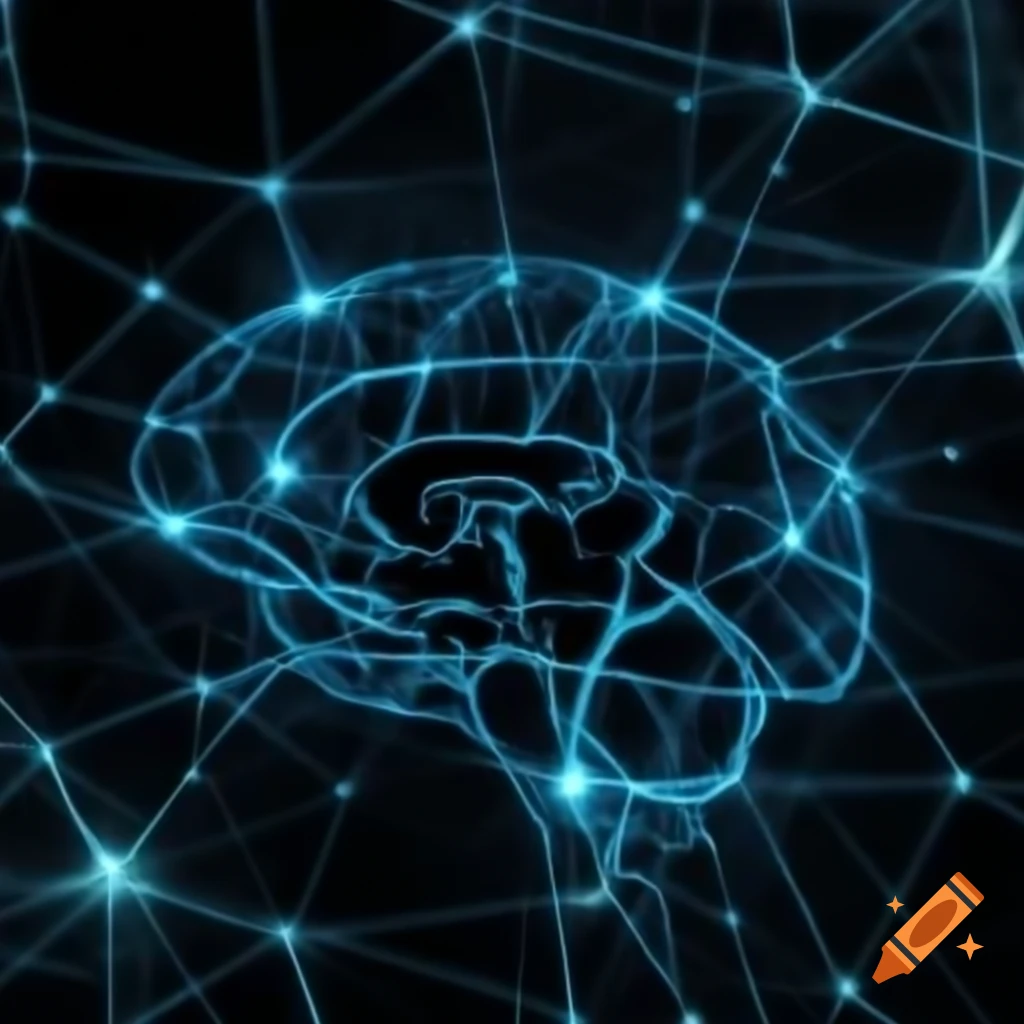 Human-machine interface with neuronal nodes and gears on dark background
