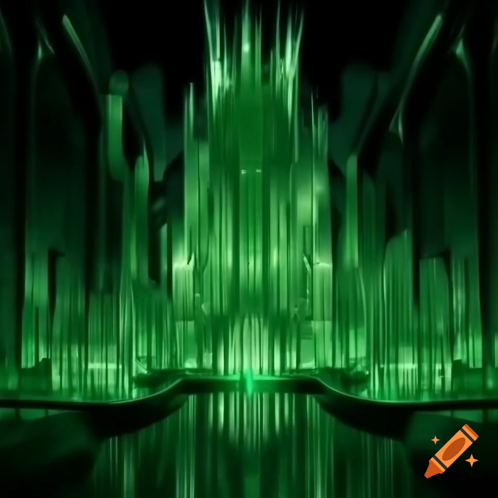 Green and gold glass sculptures shaped like castles