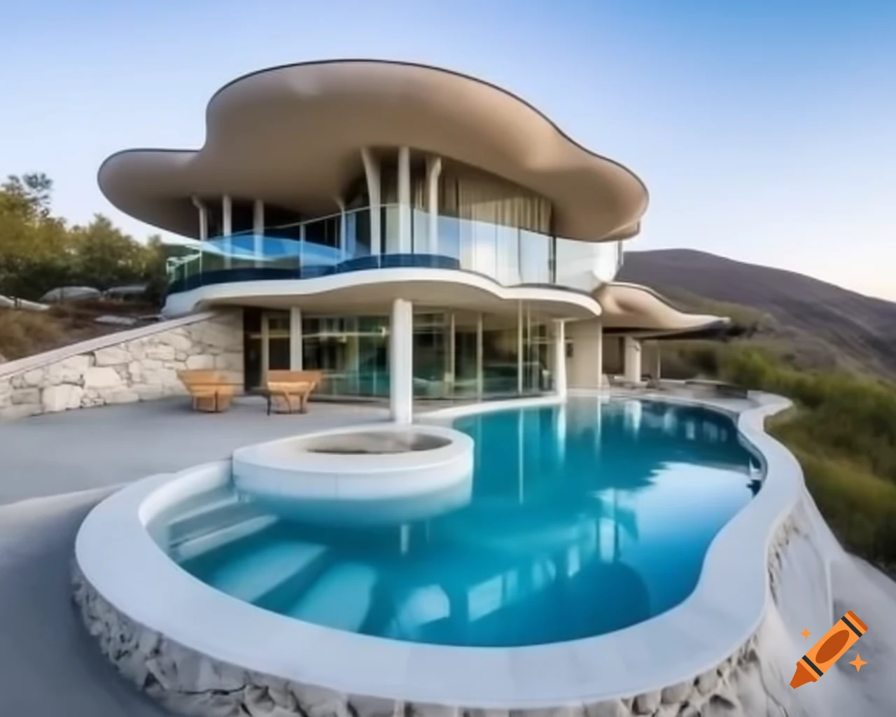 Aerial view of blue mushroom house with glass windows and pool on mountain