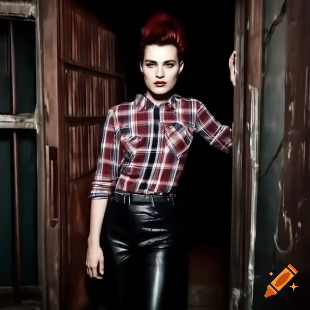Punk rocker with mohawk hairstyle in plaid shirt and leather trousers peeking through