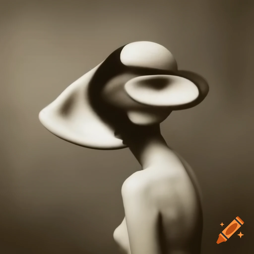 Surrealist artwork in white, black, grey, and sepia tones