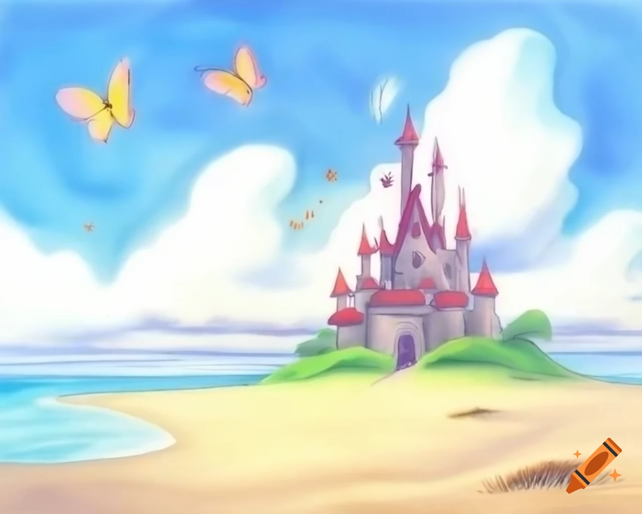 Crayon drawing of castle on beach with giant butterflies