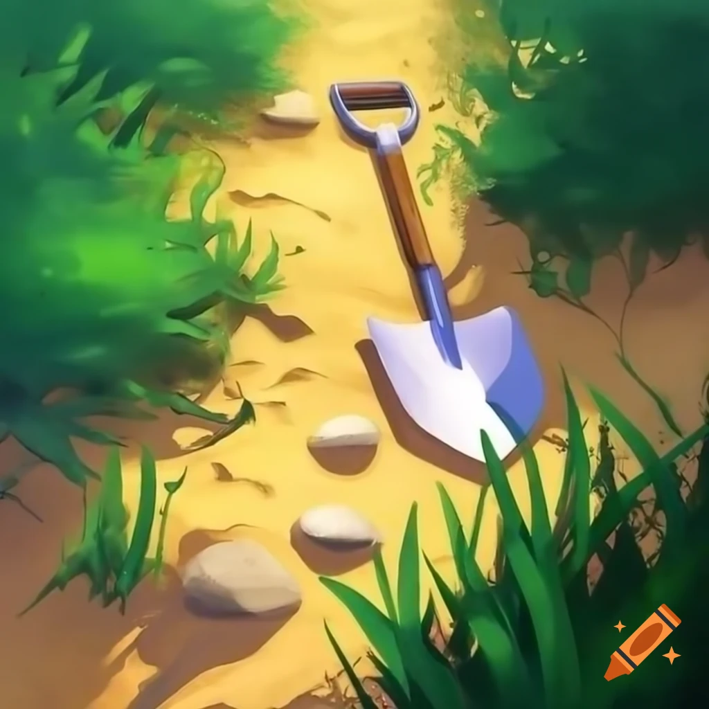 Short shovel on sandy path through vegetation, acrylic painting