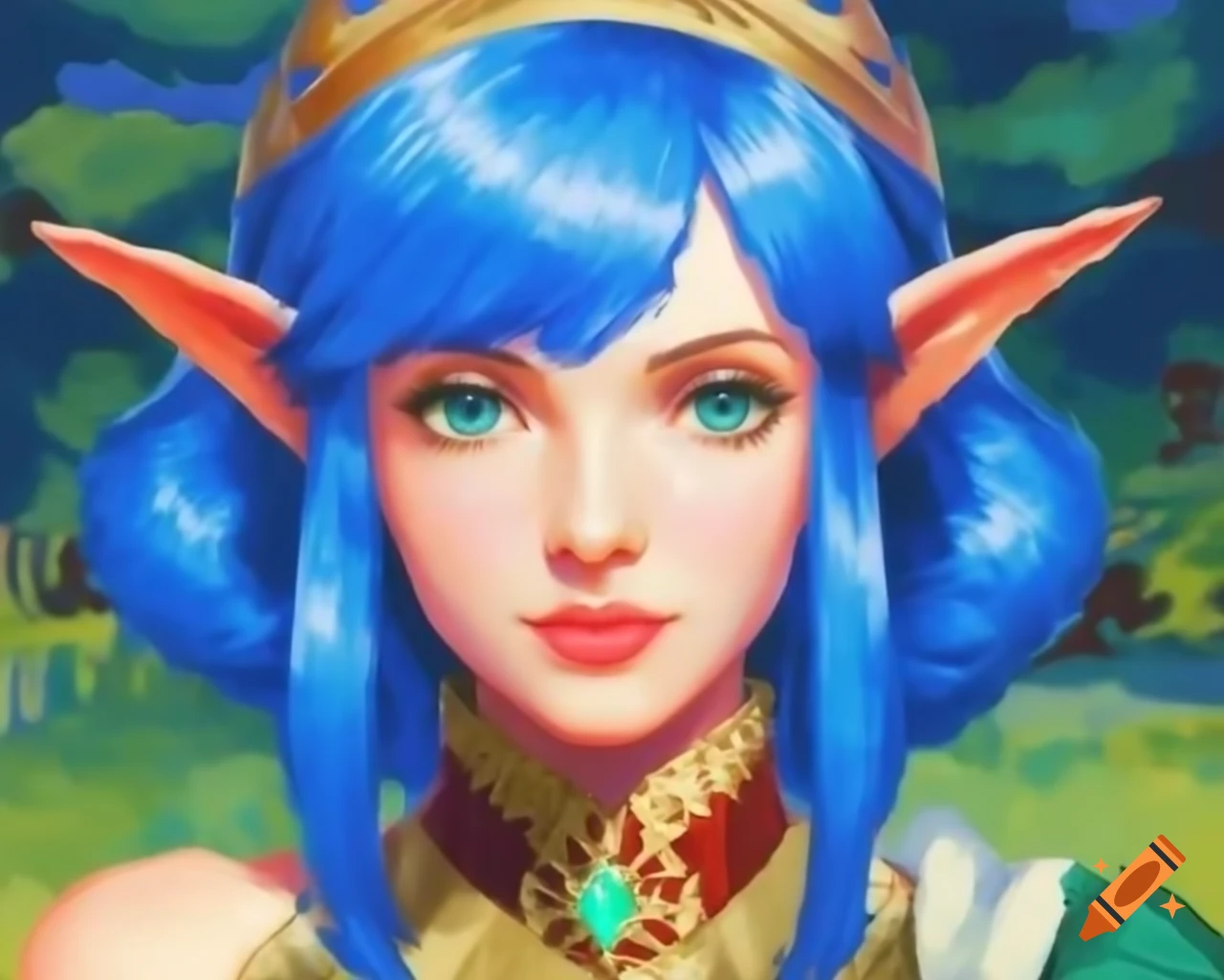 Blue-haired demi-elf portrait in nomad village, retro impressionist pixel art