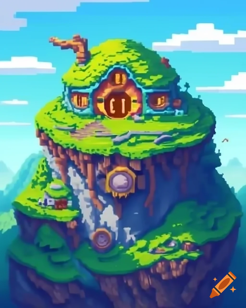 32-bit pixel art of hobbit house on mountain