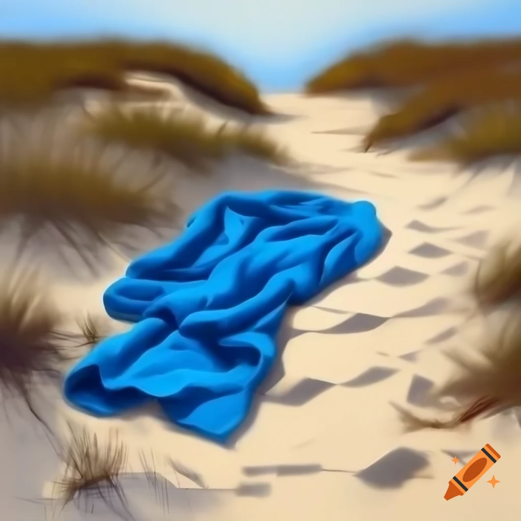 Crumpled blue towel on sandy path surrounded by vegetation, oil painting