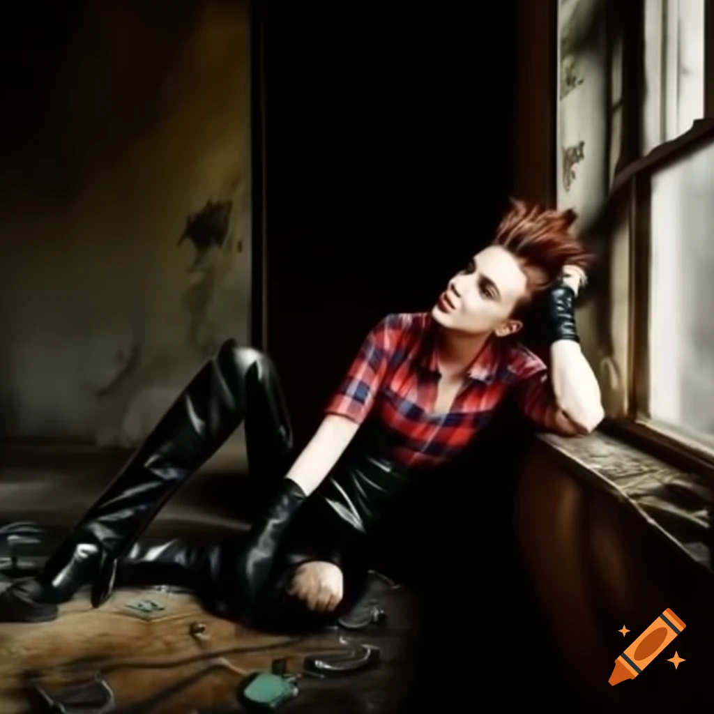 Punk rocker with mohawk hairstyle wearing plaid shirt and leather trousers, high-angle closeup
