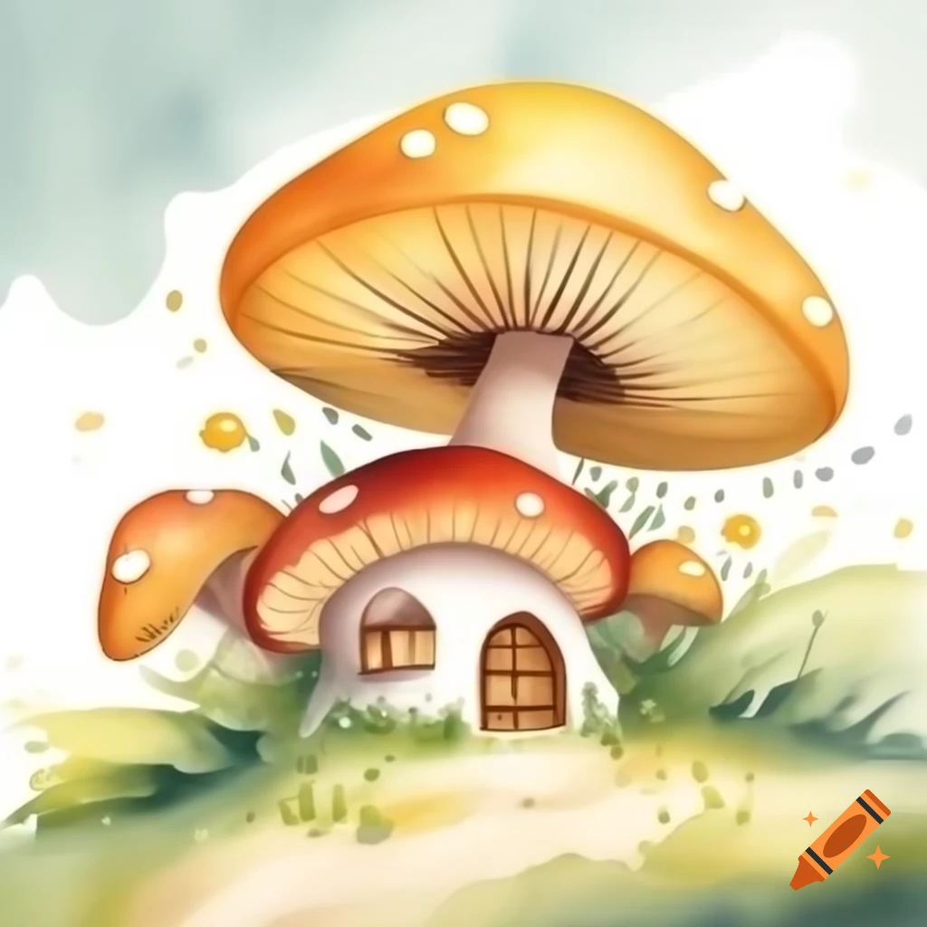 Watercolor mushroom house in mustard and brown storybook style