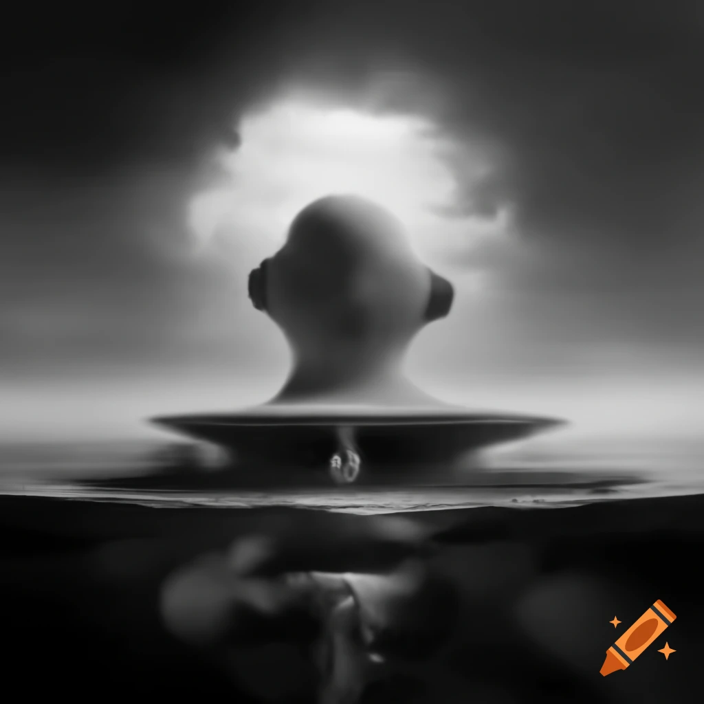 Surrealist monochrome artwork featuring abstract elements