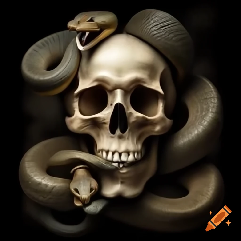 Skull with snakes entwined around mouth