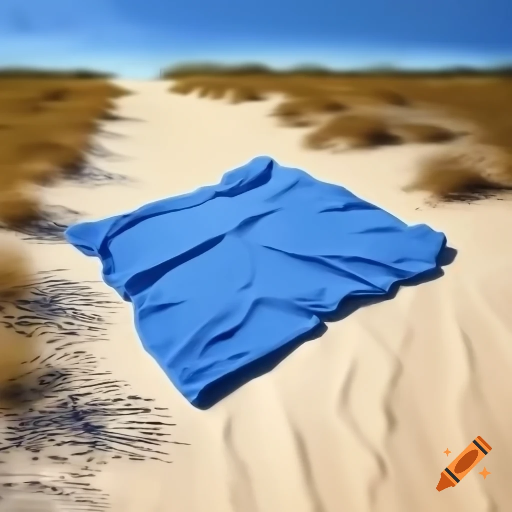 Crumpled blue towel on sandy path surrounded by vegetation, oil painting