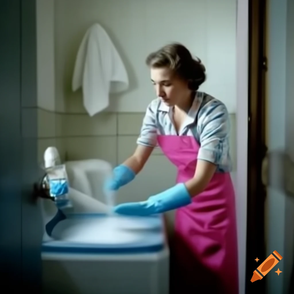 Caucasian woman in floral apron loading washing powder into washing machine