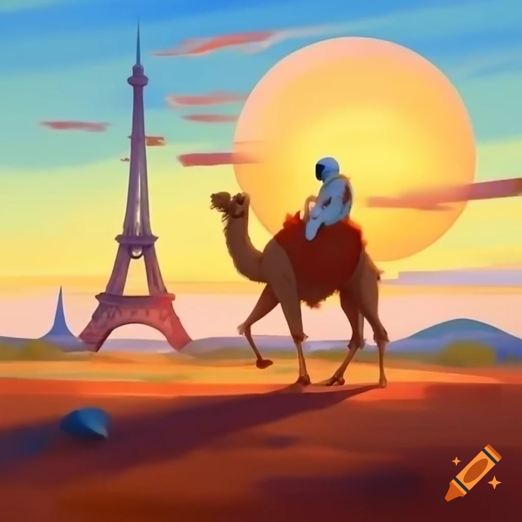 Astronaut riding camel near Eiffel Tower with sun and river in painting