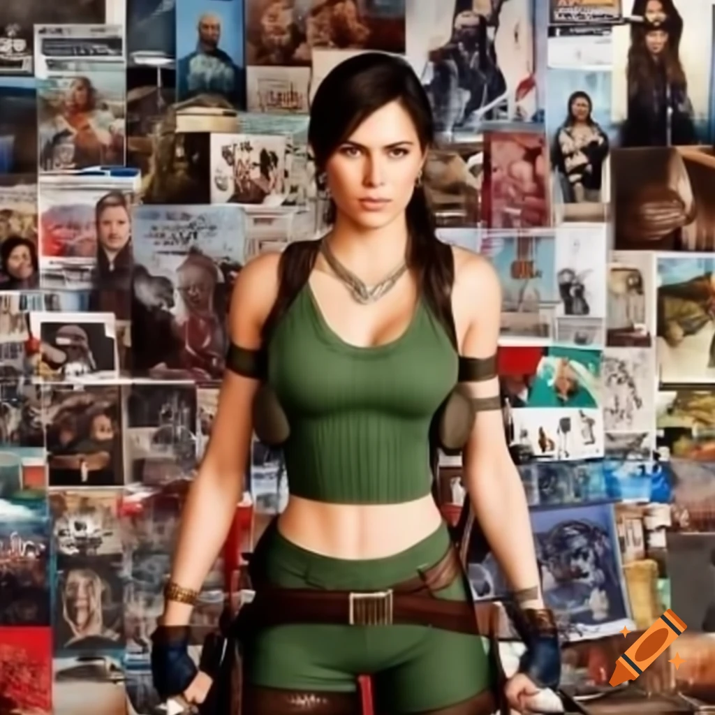Croft Body Works Sign Full body collage art of Lara Croft with magazine prints in background ...