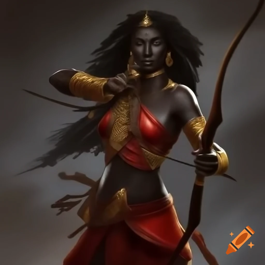 Powerful African goddess in gold and red leather armor wielding bow and arrow